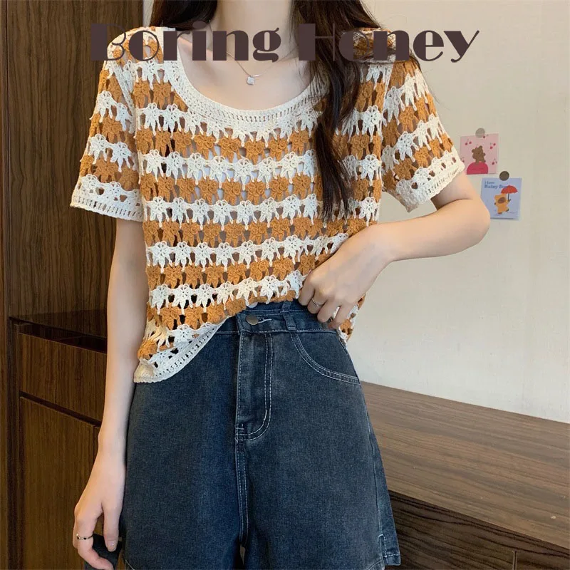 Boring Honey Square Collar Short Sleeves Fashion Women Blouses Retro Knitted Women's T-Shirt Hollow Out Chic Short Tops Women
Boring Honey Square Collar Short Sleeves Fashion Women Blouses Retro Knitted Women's T-Shirt Hollow Out Chic Short Tops Women