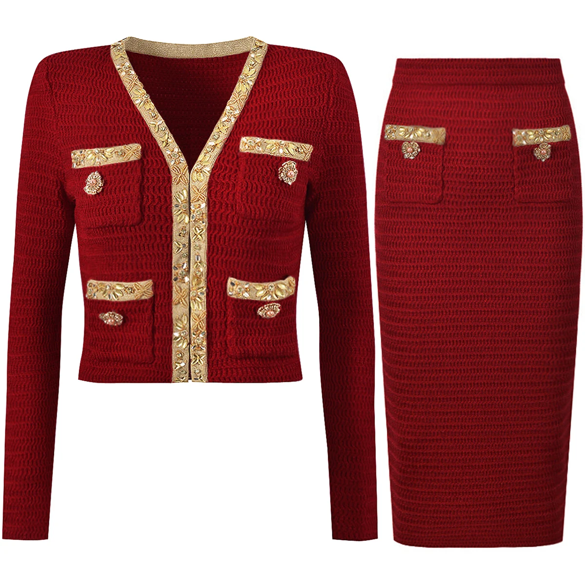 High Quality New Fashionable Elastic Knitted V-neck Luxurious Exquisite Nail Bead Piece Cardigan Slim Fit Short Skirt Women Set
High Quality New Fashionable Elastic Knitted V-neck Luxurious Exquisite Nail Bead Piece Cardigan Slim Fit Short Skirt Women Set
