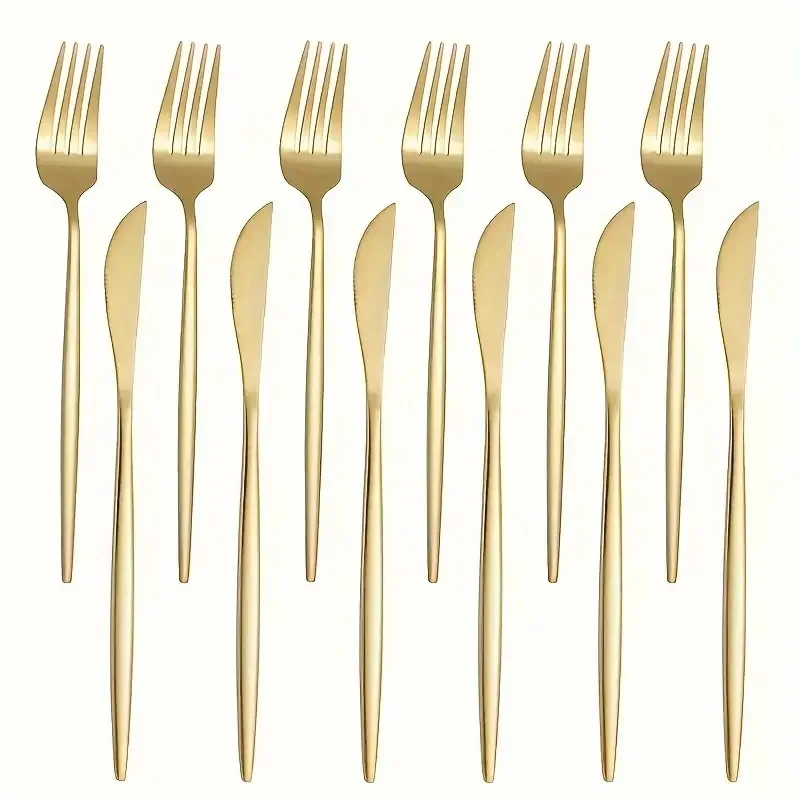 12-piece gold stainless steel knife and fork set, machine washable, suitable for kitchen and restaurant use
12-piece gold stainless steel knife and fork set, machine washable, suitable for kitchen and restaurant use