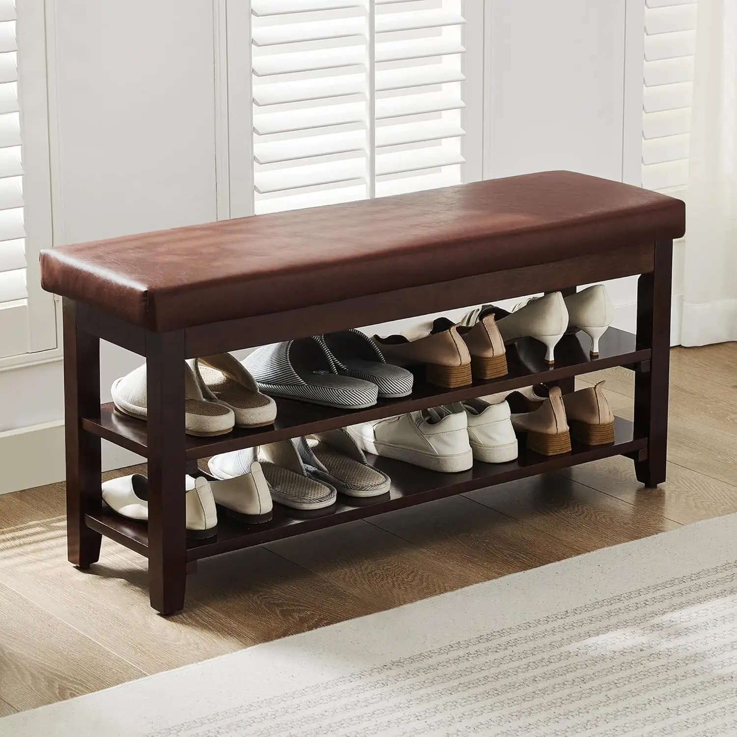 40 Shoe Bench with Leather Cushion 2 Tier Shoe Rack Entryway Bench Wood Bench for Front Door Entrance Mudroom Hallway Wooden
40 Shoe Bench with Leather Cushion 2 Tier Shoe Rack Entryway Bench Wood Bench for Front Door Entrance Mudroom Hallway Wooden