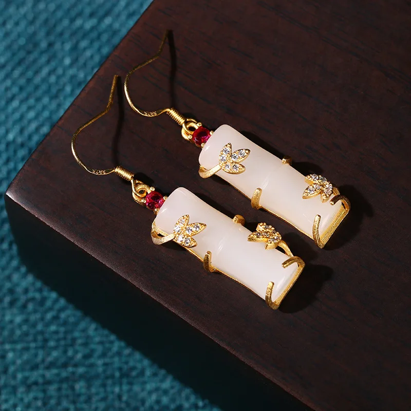 Chinese style bamboo element design imitates Hotan Jade high earrings 
Chinese style bamboo element design imitates Hotan Jade high earrings