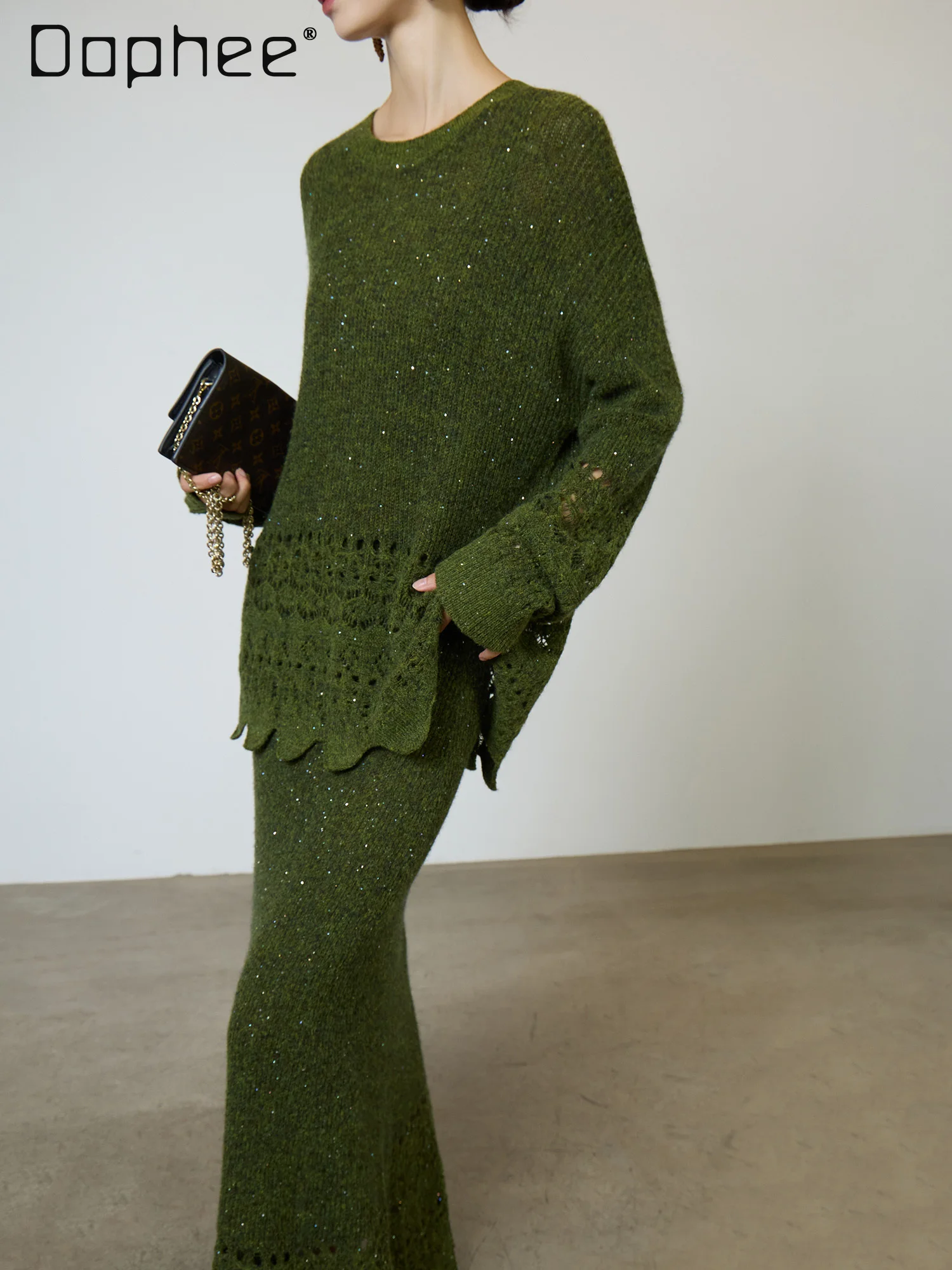 Green Retro Soft Knitted Sweater Two-Piece Set for Women French Style Gentle Hollow Sequin Long Sleeve Sweater A-Line Skirts
Green Retro Soft Knitted Sweater Two-Piece Set for Women French Style Gentle Hollow Sequin Long Sleeve Sweater A-Line Skirts