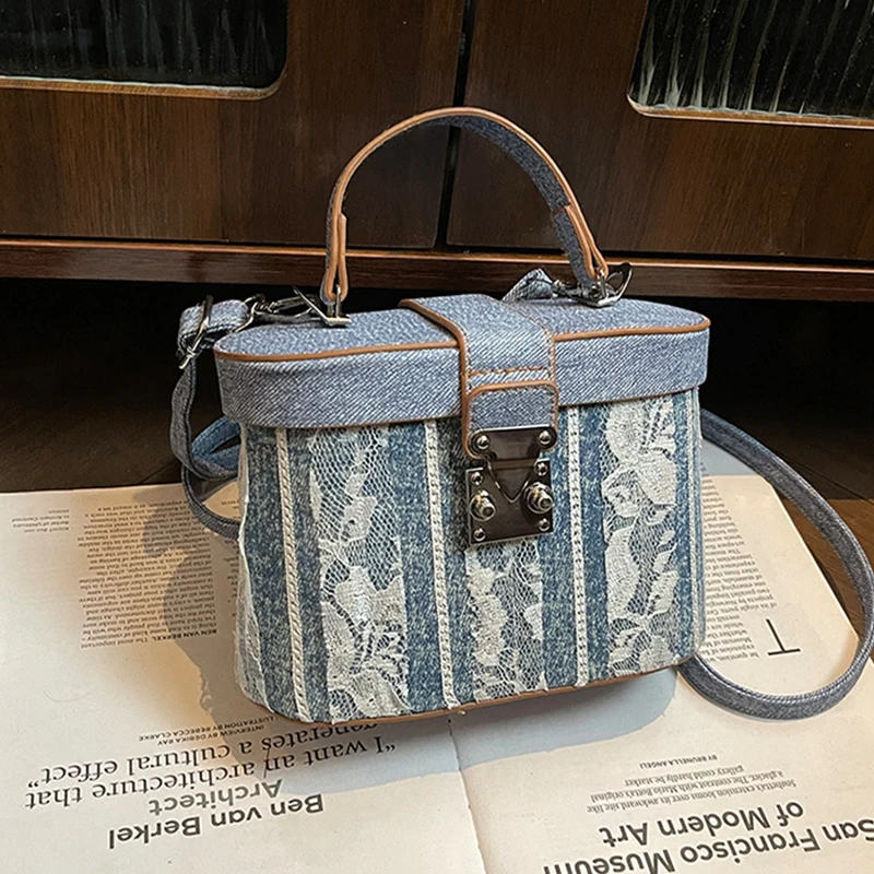 Textured Denim Fabric Mini Box Bags for Women High-grade Sense Lace Patchwork Short Handle Handbags Lady Phone Purse
Textured Denim Fabric Mini Box Bags for Women High-grade Sense Lace Patchwork Short Handle Handbags Lady Phone Purse