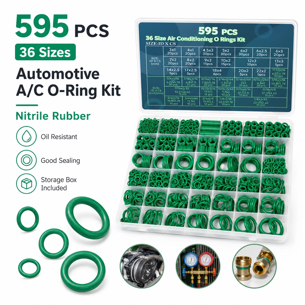 595Pcs Rubber O Ring Assortment Kit Nitrile Sealing Washer Set for Car AC Compressor Pipe Repair with Storage Box
595Pcs Rubber O Ring Assortment Kit Nitrile Sealing Washer Set for Car AC Compressor Pipe Repair with Storage Box
