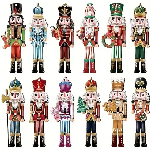12pcs Nutcracker Wooden Decor Set Classic Christmas Tree Ornaments Festive Holiday Figurines Living Room Party Vintage Style