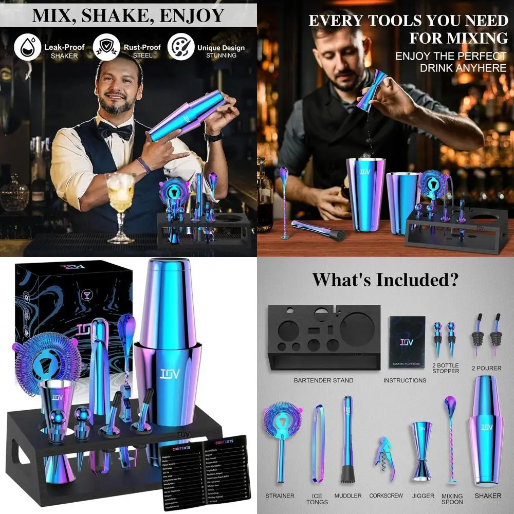 12-Piece Mixology Bartending Kit: 18oz & 28oz Boston Shaker Set with Stand, Recipe Booklet, and Rainbow Design - Perfect Housewa
12-Piece Mixology Bartending Kit: 18oz & 28oz Boston Shaker Set with Stand, Recipe Booklet, and Rainbow Design - Perfect Housewa