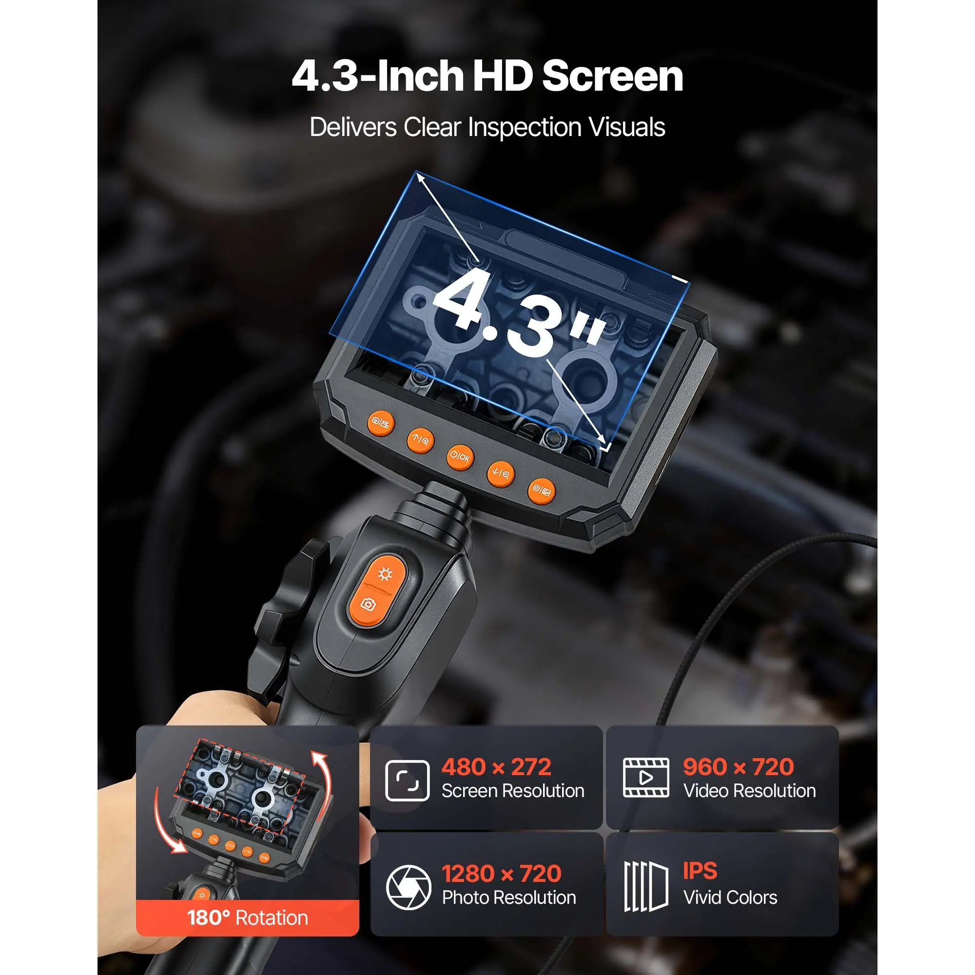 Articulating Borescope with 0.15" Ultra Slim Lens, Two-Way Articulated Endoscope with Light, 4.3" IPS Screen, 1280 x 720 HD Lens, 8X Zoom Inspection Camera for Automotive, Tight Mechanical Space
Articulating Borescope with 0.15" Ultra Slim Lens, Two-Way Articulated Endoscope with Light, 4.3" IPS Screen, 1280 x 720 HD Lens, 8X Zoom Inspection Camera for Automotive, Tight Mechanical Space