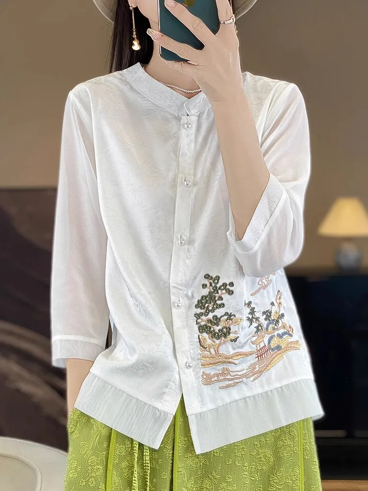 New Chinese Style Embroidered Floral Summer Shirt Women's Acetate Satin Seven Sleeve Fashionable Top Elegant Commute Wind
New Chinese Style Embroidered Floral Summer Shirt Women's Acetate Satin Seven Sleeve Fashionable Top Elegant Commute Wind