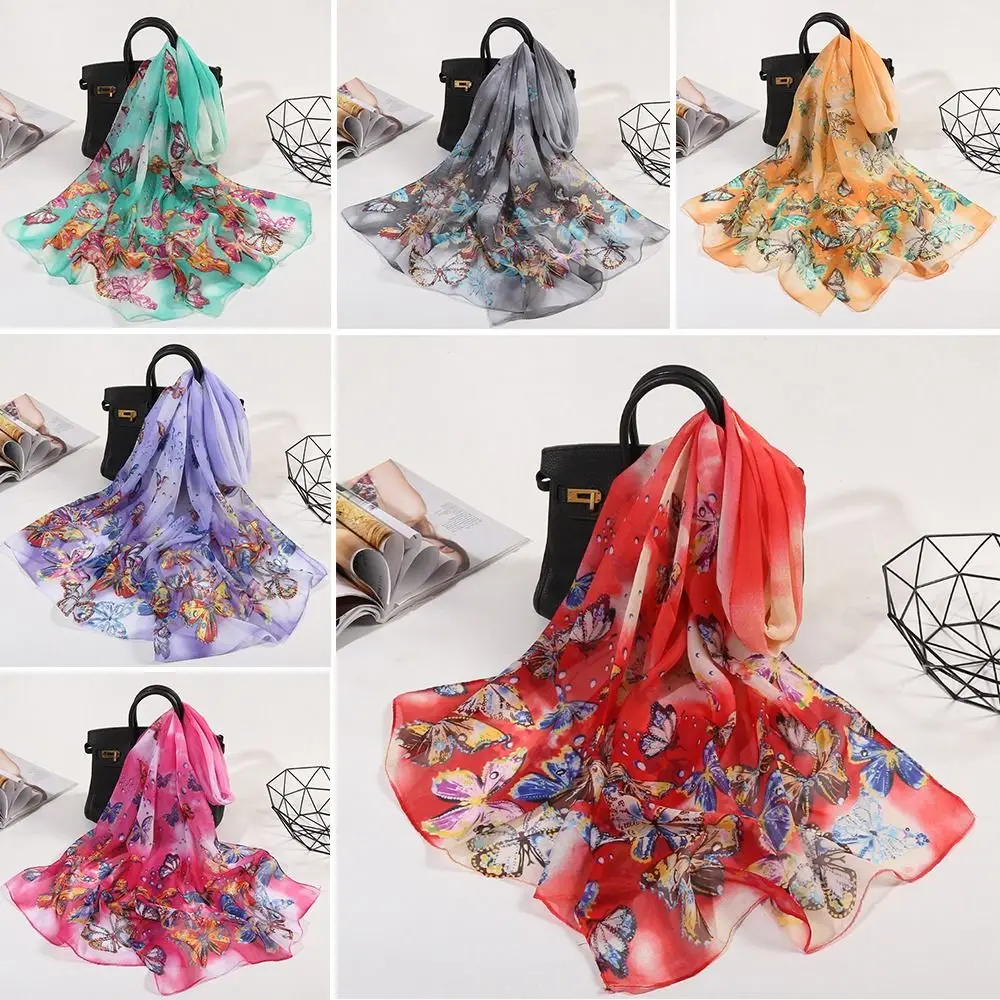 Elegant 160*50cm Chiffon Scarf Butterfly Print Gradient Shawl Silk Washable Sunscreen Beach Gauze Scarf for Women
Elegant 160*50cm Chiffon Scarf Butterfly Print Gradient Shawl Silk Washable Sunscreen Beach Gauze Scarf for Women