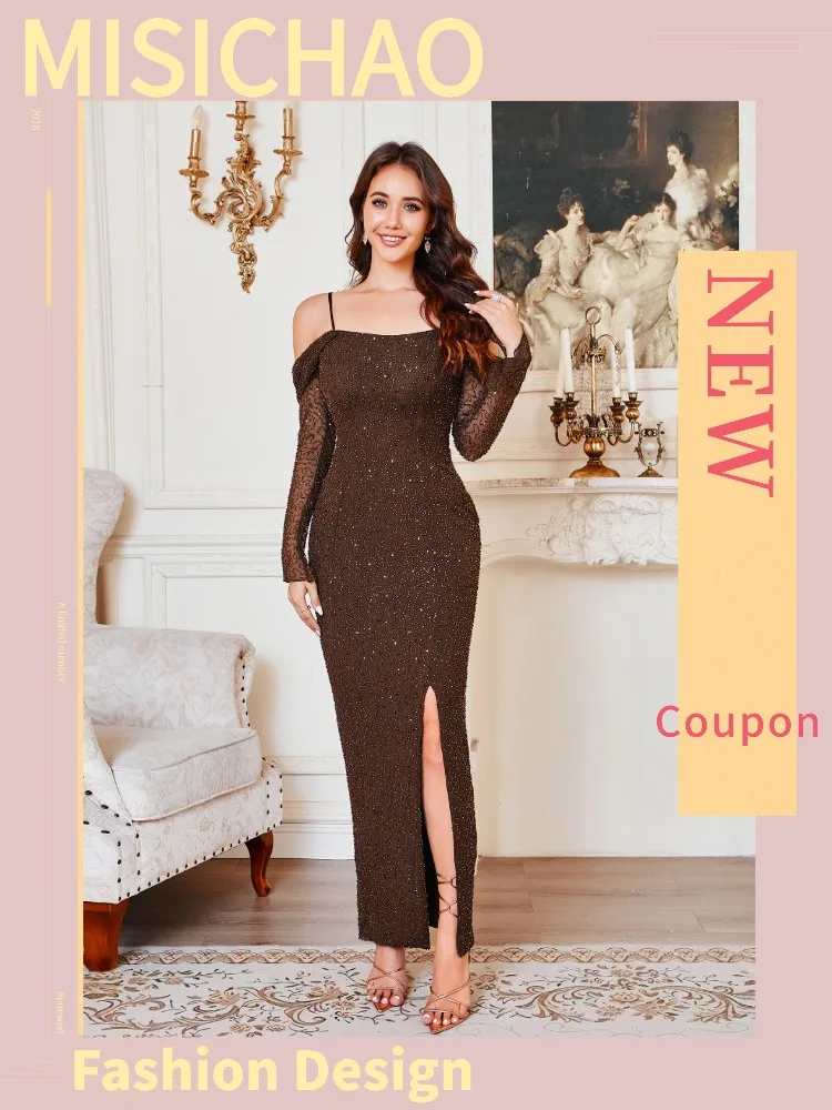 MISICHAO Brown Sequin Off Shoulder Long Sleeve Prom Dress High Slit Sparkly Evening Gown Formal Party Dress Women 2025
MISICHAO Brown Sequin Off Shoulder Long Sleeve Prom Dress High Slit Sparkly Evening Gown Formal Party Dress Women 2025