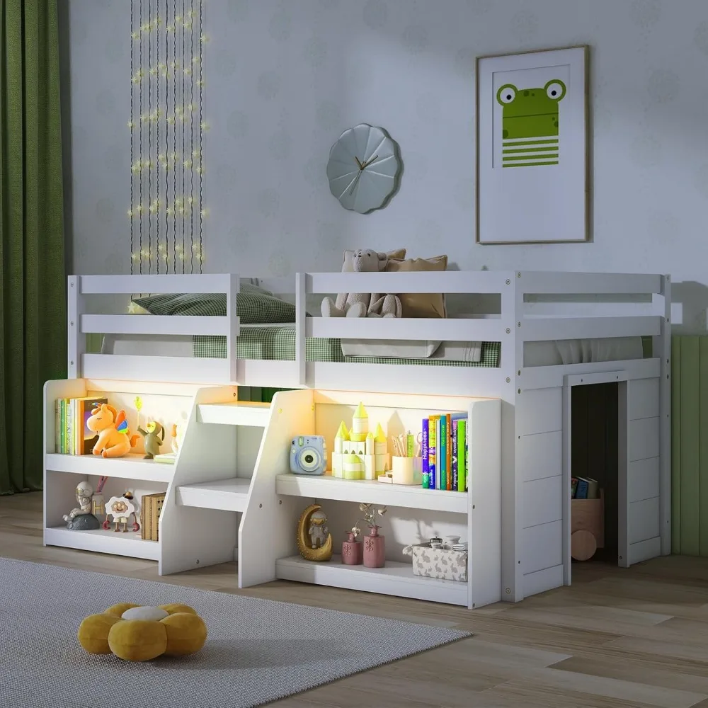 Loft Bed Twin Size with Storage Bookcase, Low Loft Bed with LED Lights, Wooden Twin Loft Bed with Stairs&Safety Guardrail
Loft Bed Twin Size with Storage Bookcase, Low Loft Bed with LED Lights, Wooden Twin Loft Bed with Stairs&Safety Guardrail