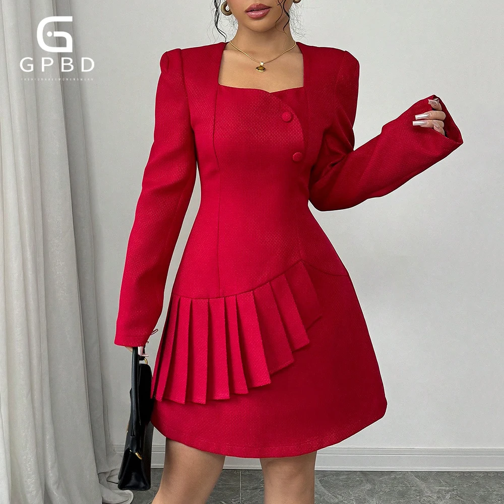Solid Slimming Spliced Buttons Dresses for Women Square Neck Long Sleeves Patchwork Folds Temperament Dress Female
Solid Slimming Spliced Buttons Dresses for Women Square Neck Long Sleeves Patchwork Folds Temperament Dress Female