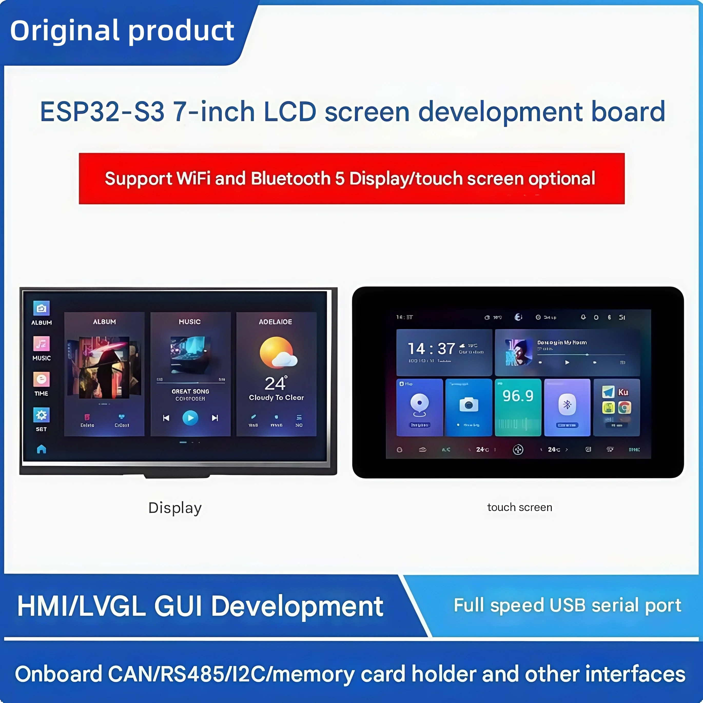 ESP32 development board with 7-inch touch screen Dual-core processor LVGL development WiFi/Bluetooth communication
ESP32 development board with 7-inch touch screen Dual-core processor LVGL development WiFi/Bluetooth communication