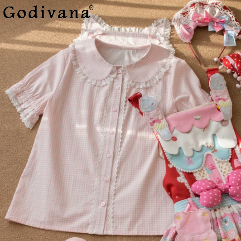 Sweet Girl Plaid Lolita Peter Pan Collar Vintage Lace Bottoming Shirt Fashion Versatile Age-reducing Short Sleeve Summer Shirts
Sweet Girl Plaid Lolita Peter Pan Collar Vintage Lace Bottoming Shirt Fashion Versatile Age-reducing Short Sleeve Summer Shirts