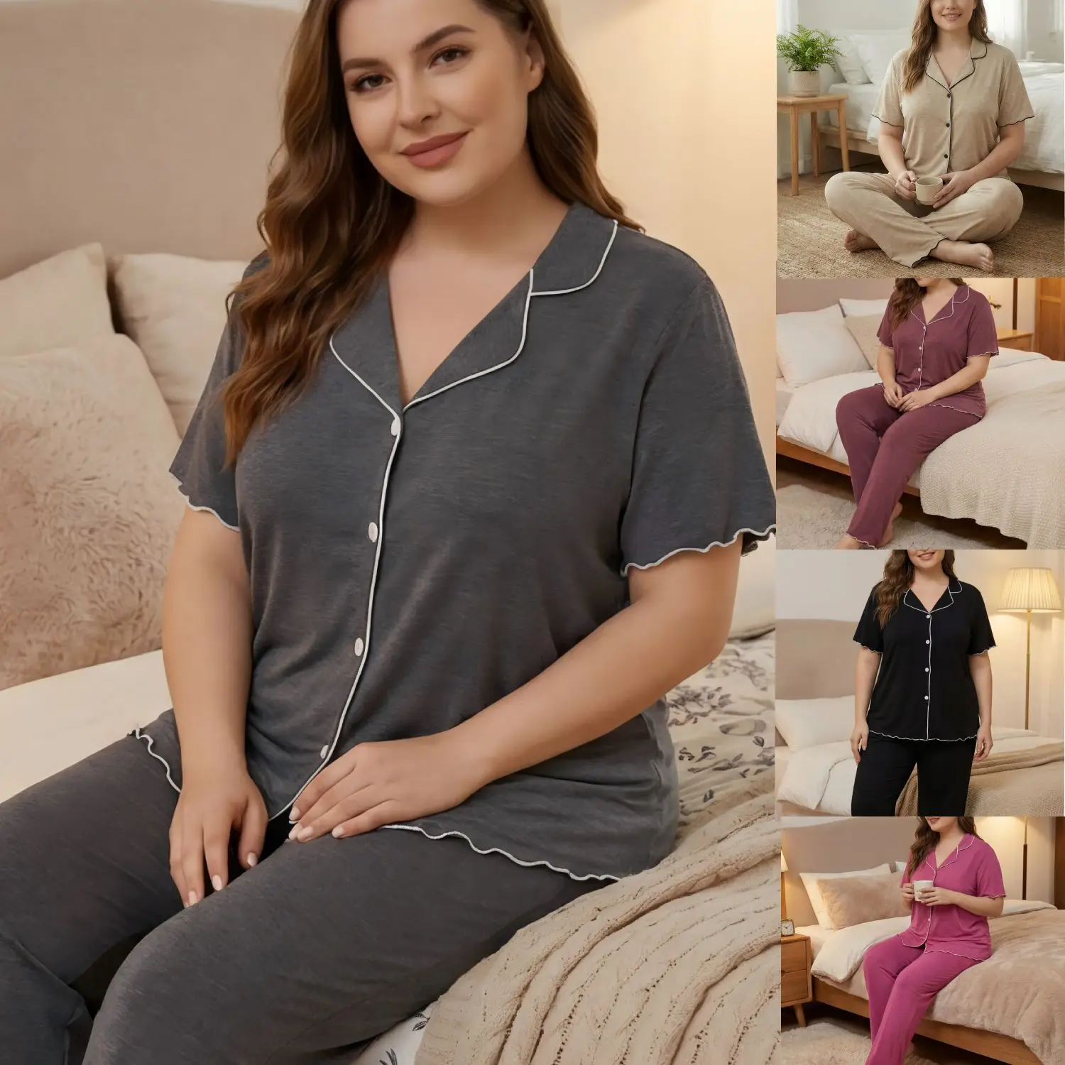 Women's Plus Size Colorful Cotton Pajama Set Solid Color Short Sleeve Button-Down Cardigan Lounge Wear 2-Piece Summer Sleepwear
Women's Plus Size Colorful Cotton Pajama Set Solid Color Short Sleeve Button-Down Cardigan Lounge Wear 2-Piece Summer Sleepwear