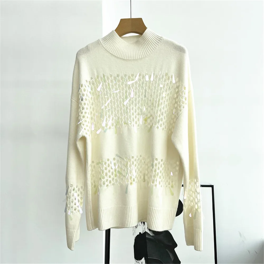 2025Autumn WinterNew Style Women's Pullover Half-high Neck Long-Sleeved Sequin Hollow-out Loose Wool And Cashmere Knitted Sweat
2025Autumn WinterNew Style Women's Pullover Half-high Neck Long-Sleeved Sequin Hollow-out Loose Wool And Cashmere Knitted Sweat
