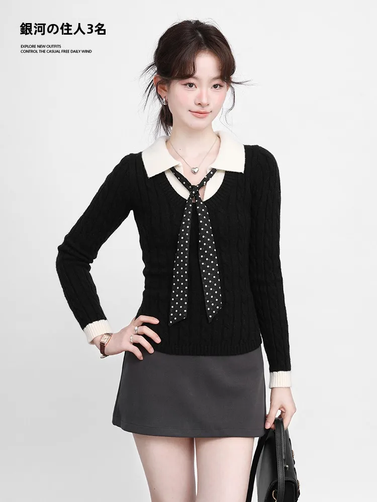 Slim Fit Knitted Sweater Three Galaxy Residents Turn-down Collar Black White Patchwork Women's Spring 2026 Base Layer Knitwear
Slim Fit Knitted Sweater Three Galaxy Residents Turn-down Collar Black White Patchwork Women's Spring 2026 Base Layer Knitwear