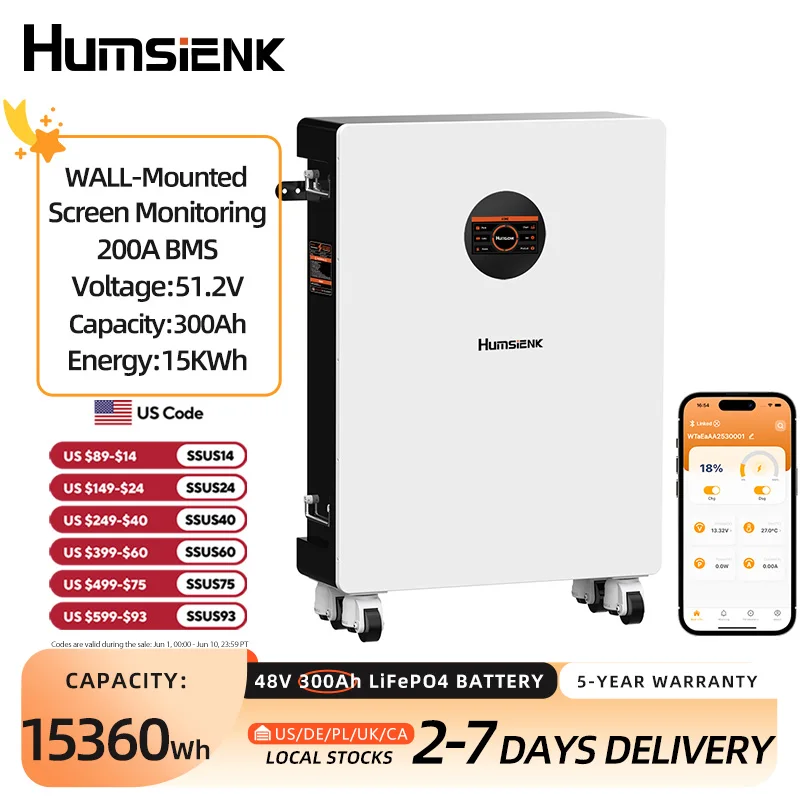 Humsienk 48V 300Ah LiFePO4 Battery, Bluetooth Real-Time Monitoring & LCD Display, 200A BMS, MAX.20480Wh, Low-Temp Protection, Rechargeable Lithium Battery for Vans, Golf Cart, Boat, RV, Camp, Solar Energy Storage, 5-Year Warranty
Humsienk 48V 300Ah LiFePO4 Battery, Bluetooth Real-Time Monitoring & LCD Display, 200A BMS, MAX.20480Wh, Low-Temp Protection, Rechargeable Lithium Battery for Vans, Golf Cart, Boat, RV, Camp, Solar Energy Storage, 5-Year Warranty