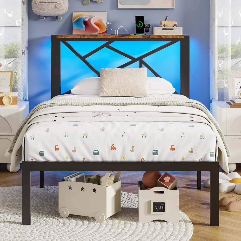 Metal Bed Frame with USB Charging Station, LED Ambient Lighting, and Wooden Storage Headboard
Metal Bed Frame with USB Charging Station, LED Ambient Lighting, and Wooden Storage Headboard