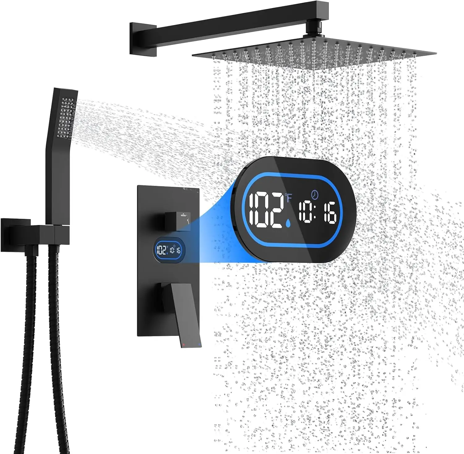 10" LED Digital Shower Faucet Set, Hydro Power Temp Display, Matte Black, Wall Mounted with Handheld Spray
10" LED Digital Shower Faucet Set, Hydro Power Temp Display, Matte Black, Wall Mounted with Handheld Spray