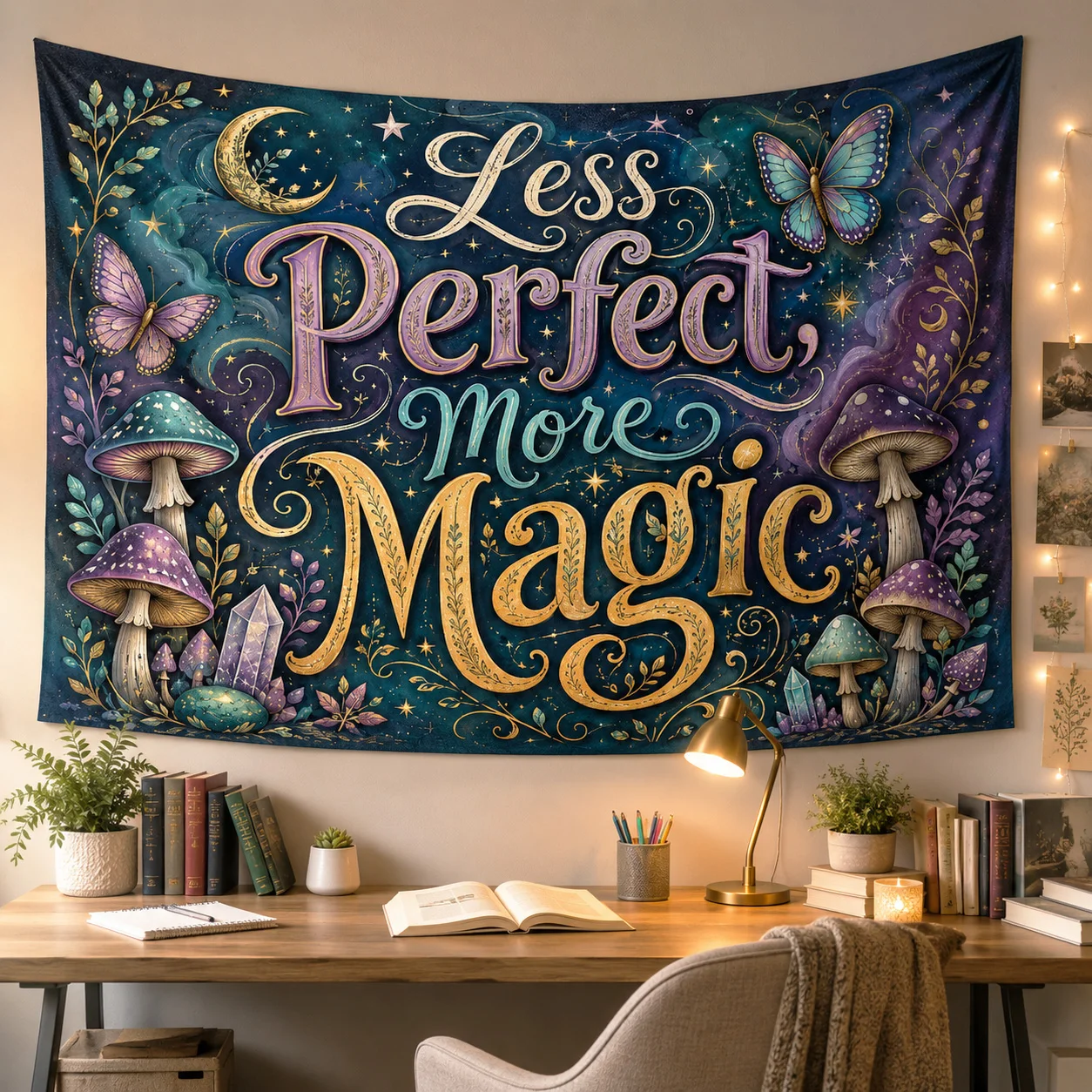 Less Perfect More Magic Wall Tapestry Mushroom Butterfly Fairy Quote Hanging Decor for Dorm Bedroom Birthday Gift Party Backdrop
Less Perfect More Magic Wall Tapestry Mushroom Butterfly Fairy Quote Hanging Decor for Dorm Bedroom Birthday Gift Party Backdrop