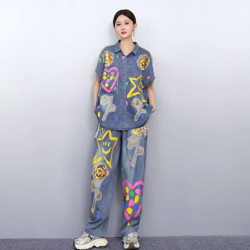 2025 Spring Summer New Denim Set Women Loose Graffiti Top Straight Pants Two-piece Set J1190
2025 Spring Summer New Denim Set Women Loose Graffiti Top Straight Pants Two-piece Set J1190