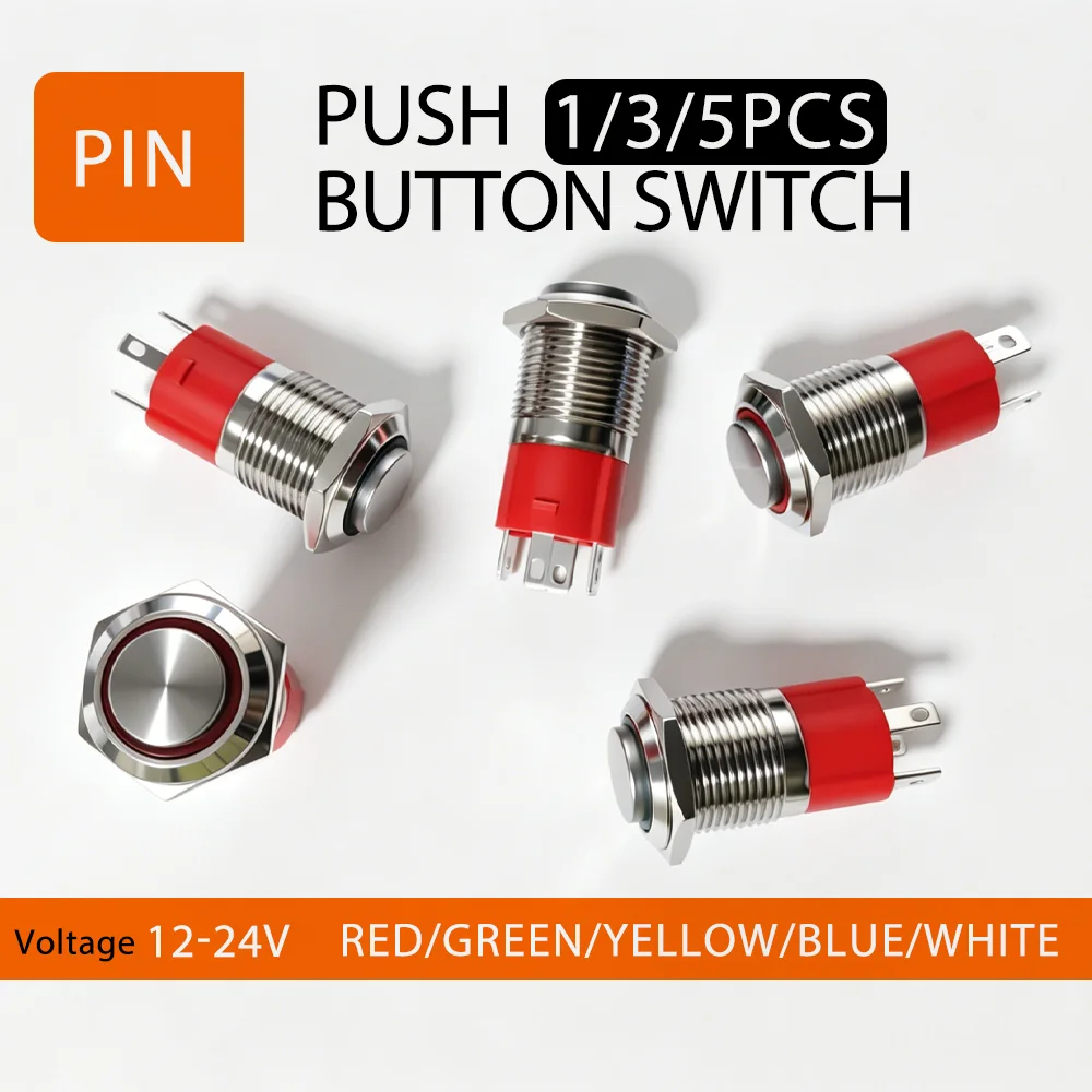 1/3/5PCS 16MM Circular LED Push Button Switch 12V-24V Metal Waterproof Momentary/Latching For Boat/Auto DIY