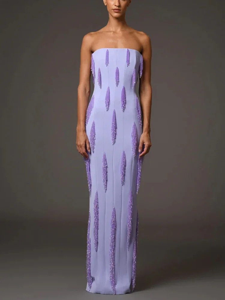 Sexy Strapless Featuring Beaded Fringes Long Dress Women Purple Sleeveless Tassel Design Slim Dresses Evening Party Celebrity
Sexy Strapless Featuring Beaded Fringes Long Dress Women Purple Sleeveless Tassel Design Slim Dresses Evening Party Celebrity