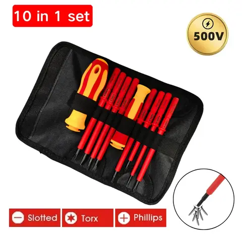10 In 1 Interchangeable Blade 500V Insulated Screwdriver Set With Case Magnetic High Hardness Home Electricians Repair Tools