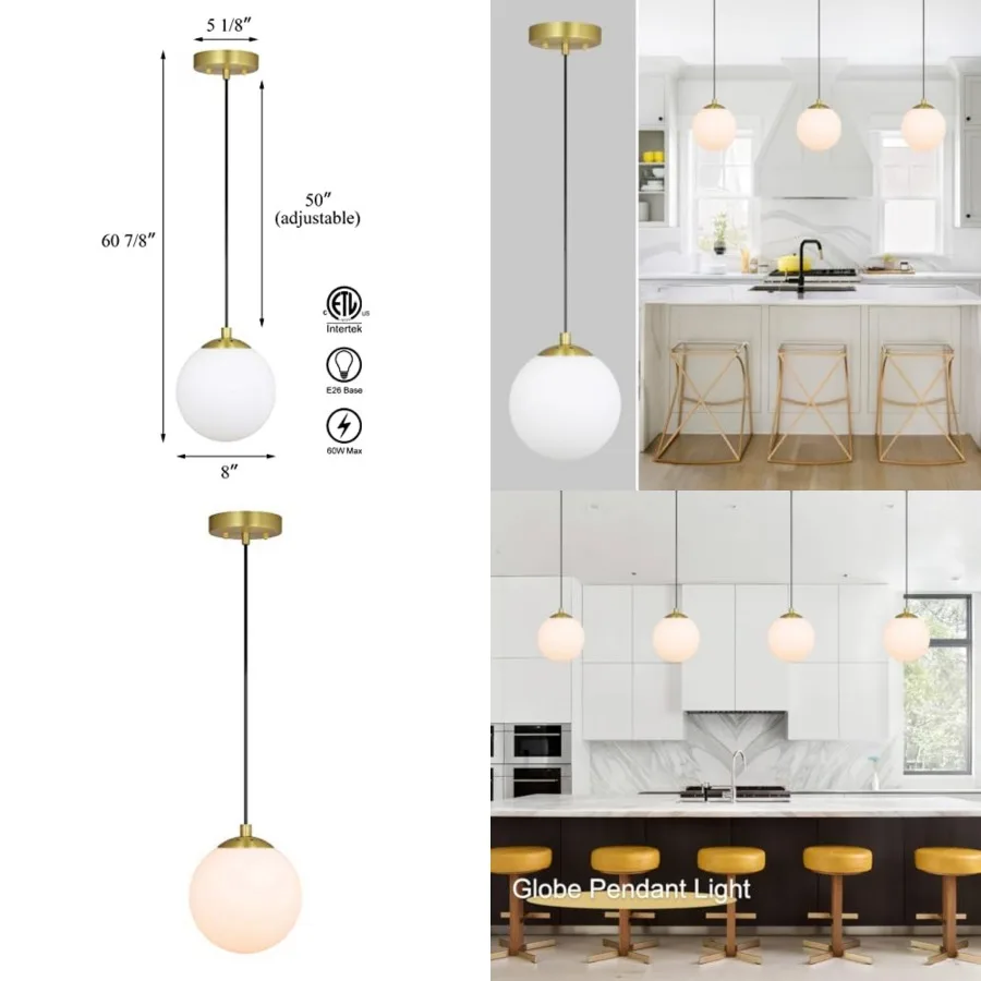 8" Globe Pendant Light, Mid Century Brass Pendant Light with White Globe Glass Adjustable Hanging Fixtures for Kitchen Island L
8" Globe Pendant Light, Mid Century Brass Pendant Light with White Globe Glass Adjustable Hanging Fixtures for Kitchen Island L