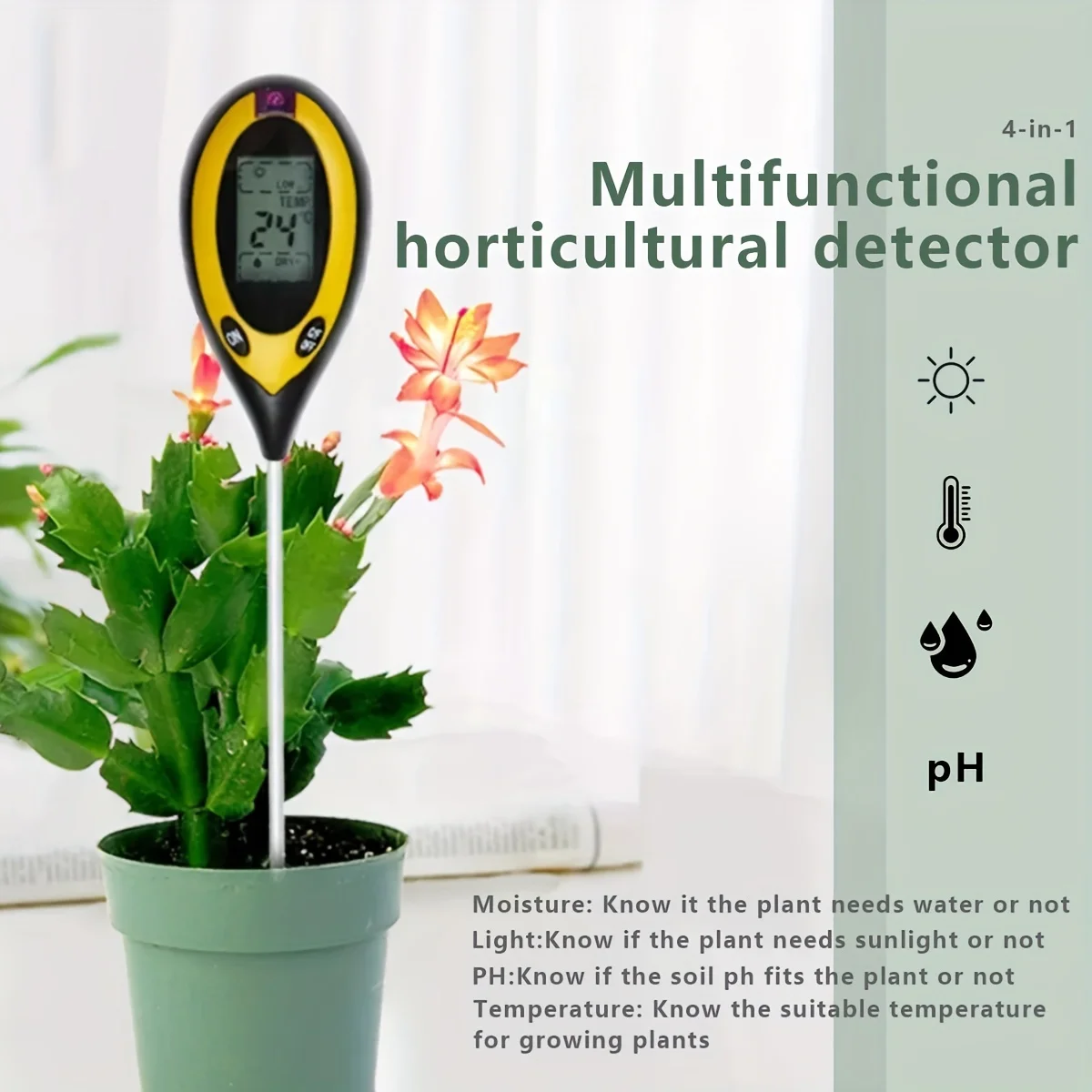 Digital Soil Probe Portable 4 in 1 Professional Tool PH Humidity Sunlight Test Sensor Kit for Garden Farm 2.36'x1.42'x12.4' Inch
Digital Soil Probe Portable 4 in 1 Professional Tool PH Humidity Sunlight Test Sensor Kit for Garden Farm 2.36'x1.42'x12.4' Inch