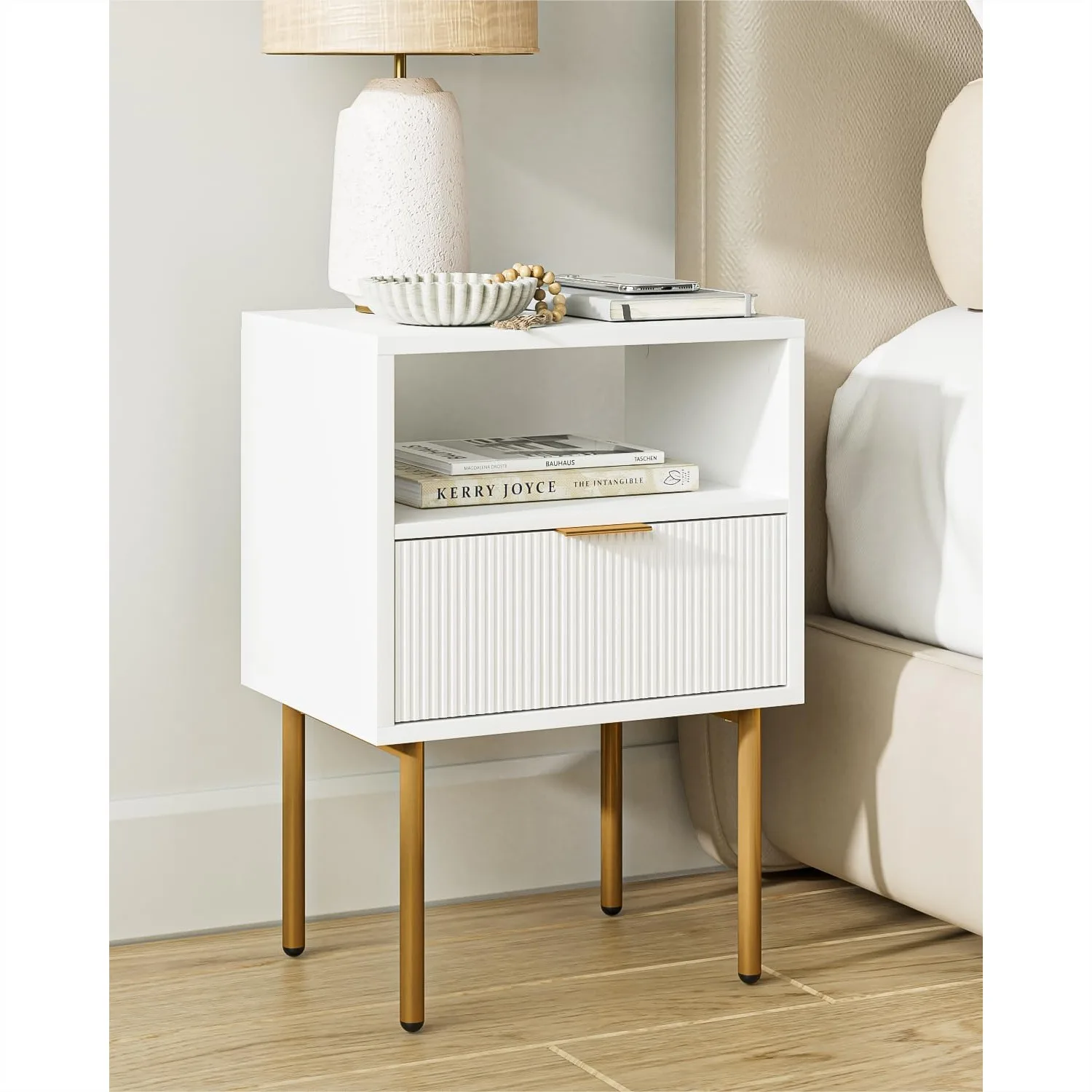 Nightstand with Drawer and Open Shelf, White Bedside Table with Gold Metal Frame, Small Side Table for Bedroom Living Room
Nightstand with Drawer and Open Shelf, White Bedside Table with Gold Metal Frame, Small Side Table for Bedroom Living Room