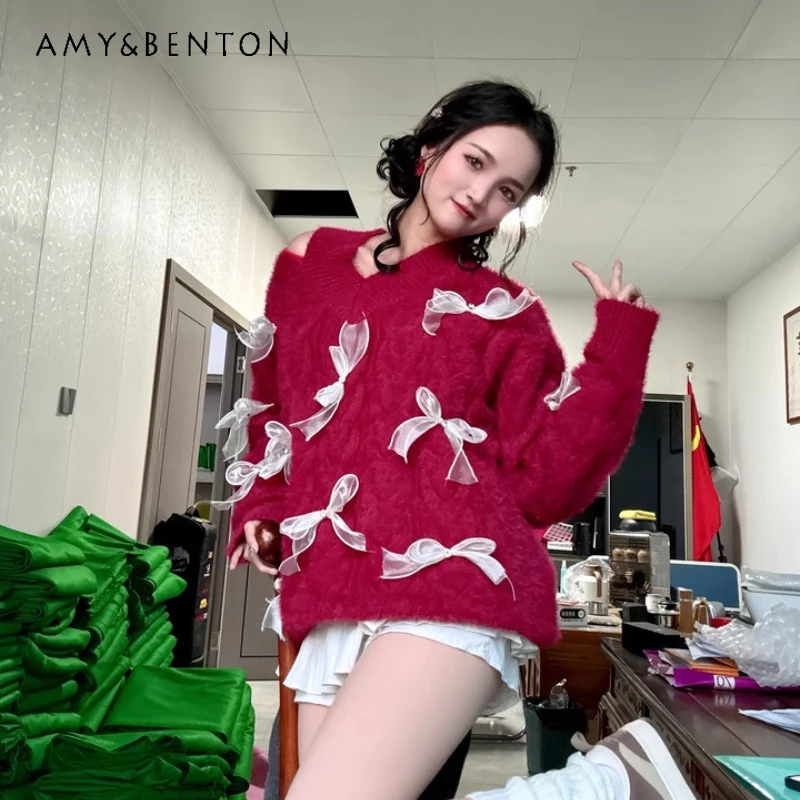 Autumn New Bow Red Top Jumpers Women's Off-the-shoulder V-neck Loose Thin Knitted Pullover Cute Sweet Versatile Sweater Women
Autumn New Bow Red Top Jumpers Women's Off-the-shoulder V-neck Loose Thin Knitted Pullover Cute Sweet Versatile Sweater Women