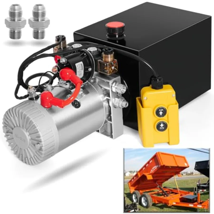 Dump trailer hydraulic pump application, aluminum alloy body, black color, double-acting 12V electric power unit with 8-quart c
Dump trailer hydraulic pump application, aluminum alloy body, black color, double-acting 12V electric power unit with 8-quart c