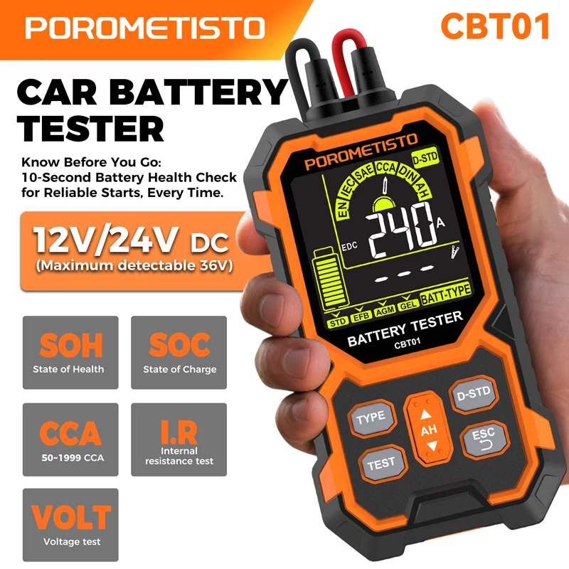 POROMETISTO CBT01 12V 24V Car Motorcycle Battery Tester 1999 CCA Lead Acid Battery Analyzer Voltage SOH SOC CCA Measurement
POROMETISTO CBT01 12V 24V Car Motorcycle Battery Tester 1999 CCA Lead Acid Battery Analyzer Voltage SOH SOC CCA Measurement