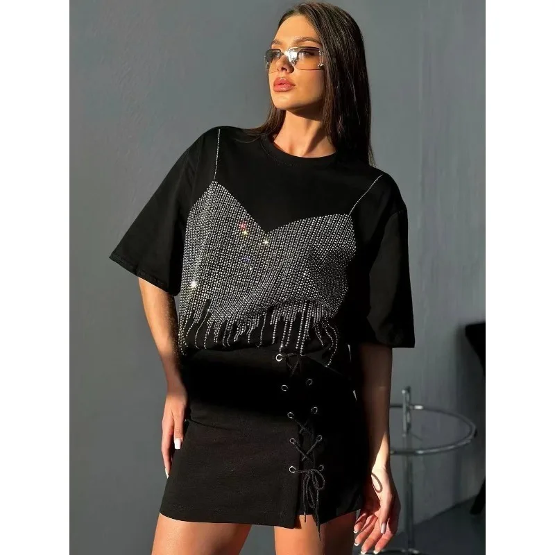 Women's Oversized Black T-shirt, Diamond-encrusted Loose Casual Temperament, Fashionable and Comfortable Summer Mid-length Top
Women's Oversized Black T-shirt, Diamond-encrusted Loose Casual Temperament, Fashionable and Comfortable Summer Mid-length Top