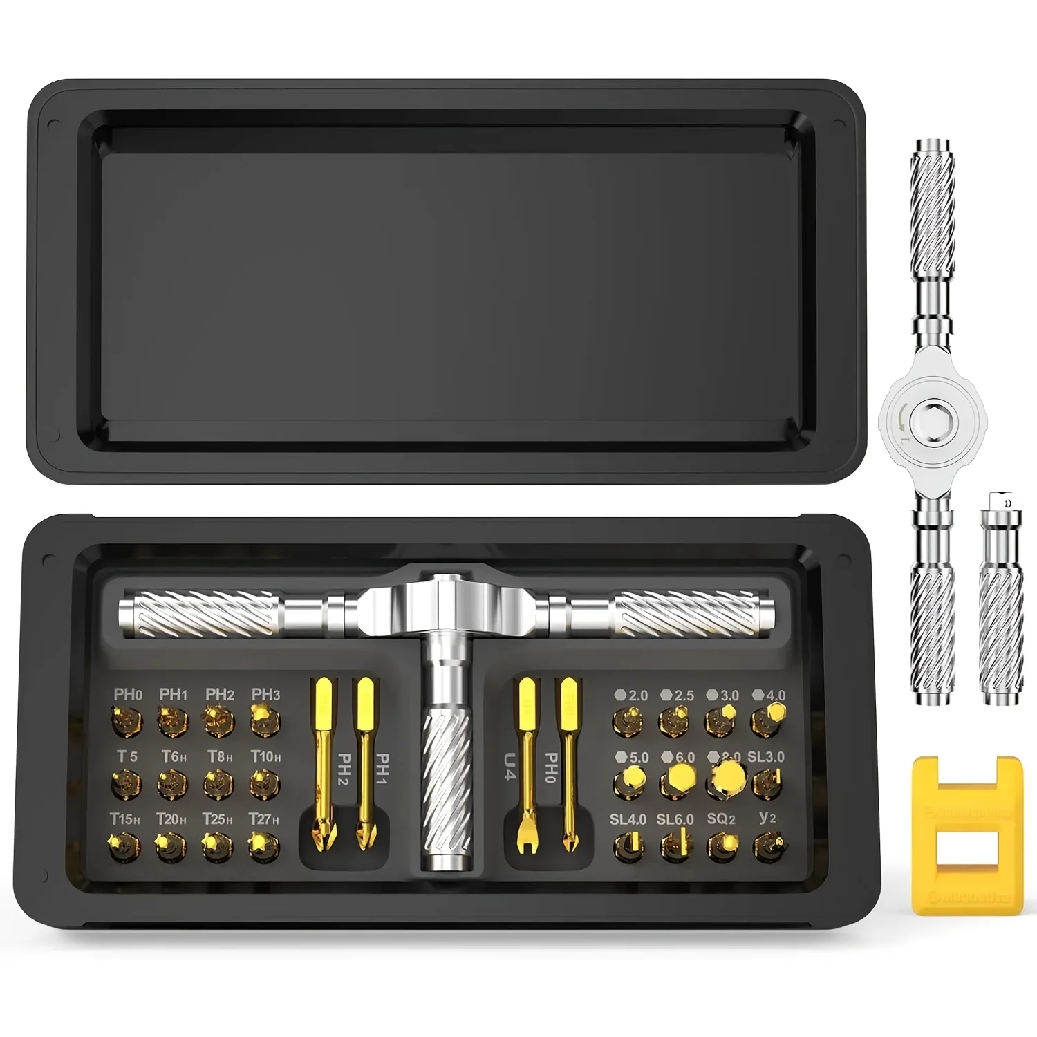30 in 1 Magnetic Screwdriver Set, Multi Bit Ratchet with Detachable T Handle, Repair Kit for Home Furniture Computer Bicycle
30 in 1 Magnetic Screwdriver Set, Multi Bit Ratchet with Detachable T Handle, Repair Kit for Home Furniture Computer Bicycle