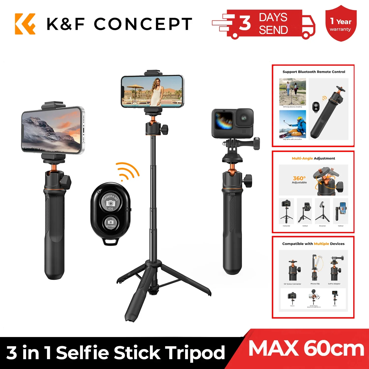 K&F CONCEPT 60cm 3 in 1 Selfie Stick Desktop Stand BallHead Mobile phone Holder Tripod for Camera GoPro Bluetooth Remote Control
K&F CONCEPT 60cm 3 in 1 Selfie Stick Desktop Stand BallHead Mobile phone Holder Tripod for Camera GoPro Bluetooth Remote Control