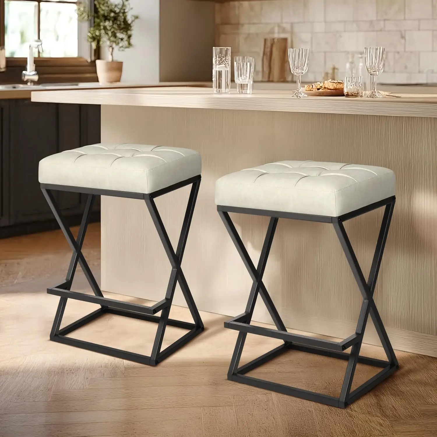 26" Bar Stools Set of 2, Counter Height Backless Bar Stools with Upholstered Leather Seat, X-Frame Metal Stability, Customized
26" Bar Stools Set of 2, Counter Height Backless Bar Stools with Upholstered Leather Seat, X-Frame Metal Stability, Customized