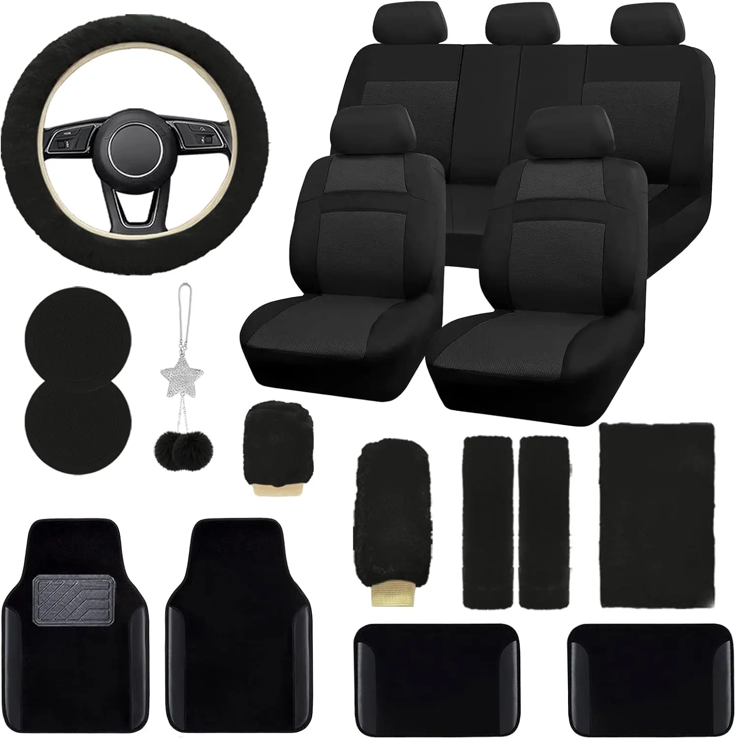 Universal Car Seat Cover Full Set with Waterproof Floor Mats, 3D Air Mesh & Fluffy Steering Wheel Cover in Black
Universal Car Seat Cover Full Set with Waterproof Floor Mats, 3D Air Mesh & Fluffy Steering Wheel Cover in Black