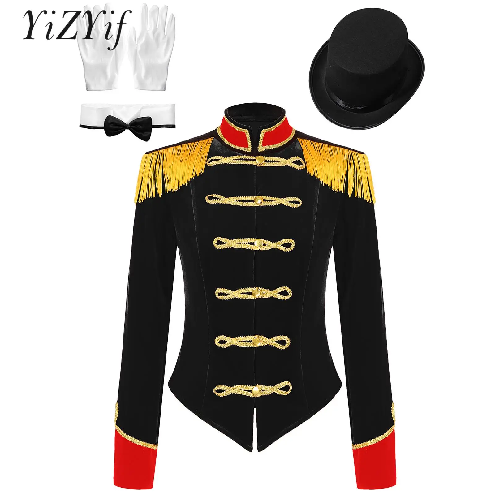 Womens Circus Ringmaster Costume Showman Jacket Coat with Hat Bow Collar Gloves for Halloween Cosplay Performance Fancy Dress Up
Womens Circus Ringmaster Costume Showman Jacket Coat with Hat Bow Collar Gloves for Halloween Cosplay Performance Fancy Dress Up