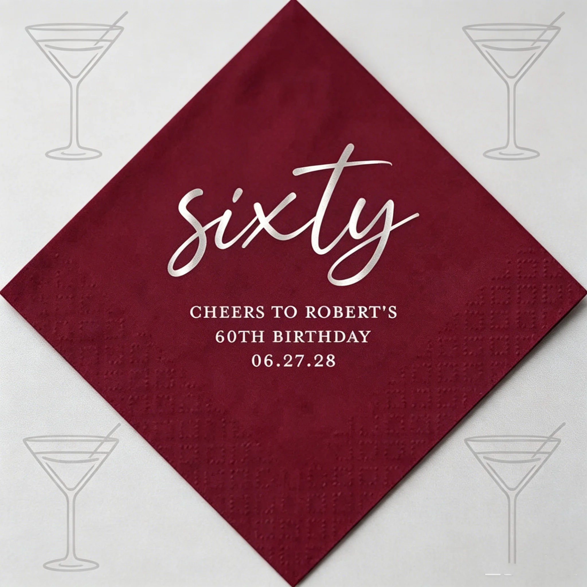 50pcs Personalized 60th Birthday Cocktail Napkins, Custom Name & Date Printed Paper Napkins, Silver Foil "Sixty" Blue Design for
50pcs Personalized 60th Birthday Cocktail Napkins, Custom Name & Date Printed Paper Napkins, Silver Foil "Sixty" Blue Design for