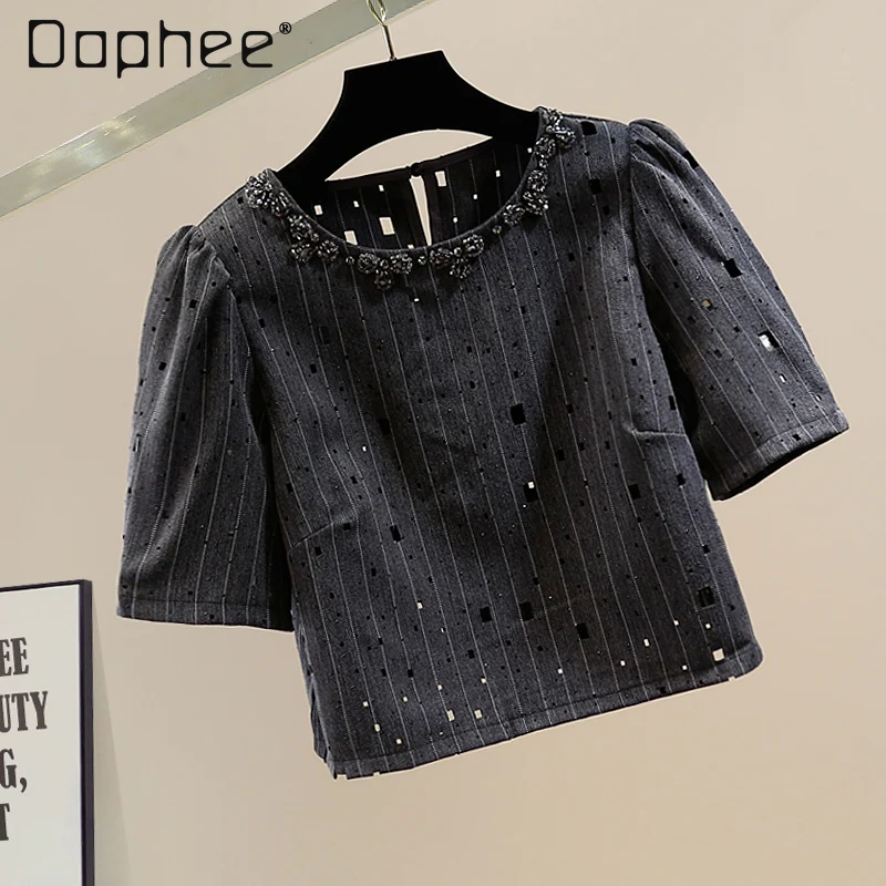 Fashion Hollow Heavy Industry Bead Crew Neck Short Sleeve Shirt Women Summer Commuter Style Temperament Versatile Casual Top
Fashion Hollow Heavy Industry Bead Crew Neck Short Sleeve Shirt Women Summer Commuter Style Temperament Versatile Casual Top