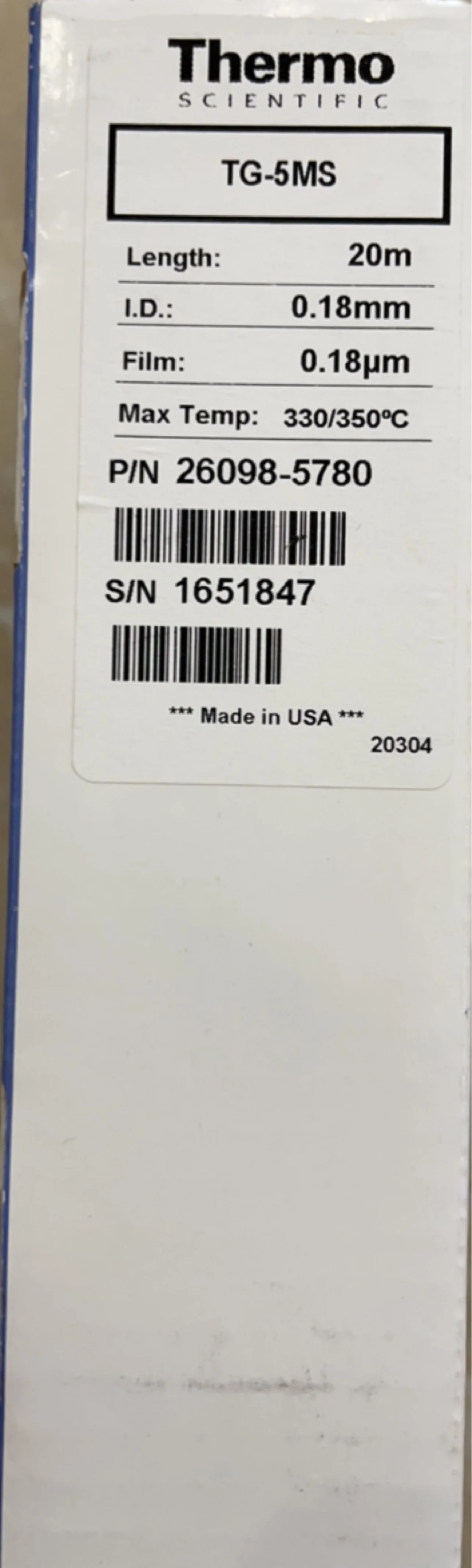 Thermo chromatography column 26098-5780 TG-5MS 20m * 0.18mm * 0.18um
Thermo chromatography column 26098-5780 TG-5MS 20m * 0.18mm * 0.18um