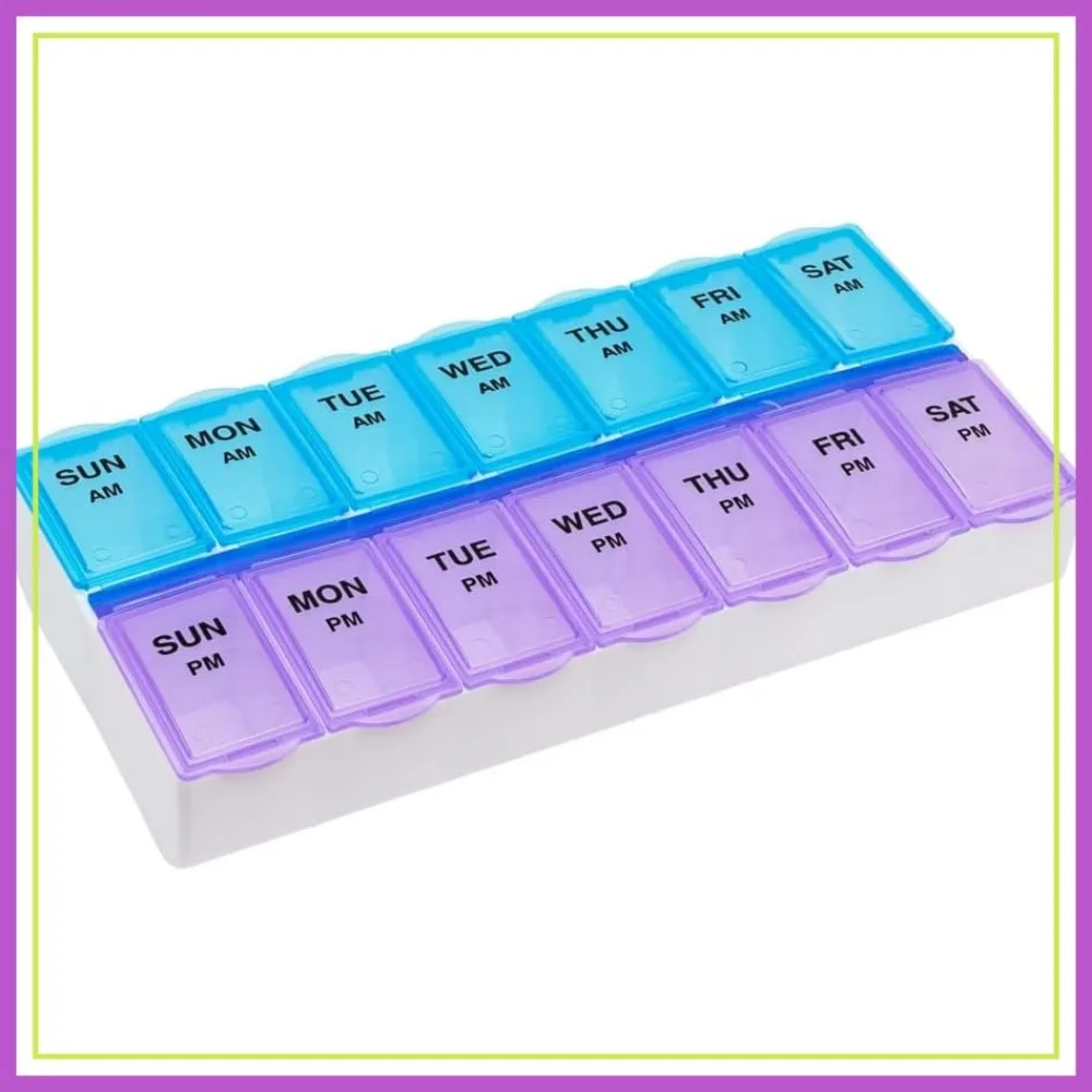 Weekly 7-Day AM PM Pill Case, Large Compartments, 2 Times a Day, Blue and Purple Lids, BPA Free
Weekly 7-Day AM PM Pill Case, Large Compartments, 2 Times a Day, Blue and Purple Lids, BPA Free
