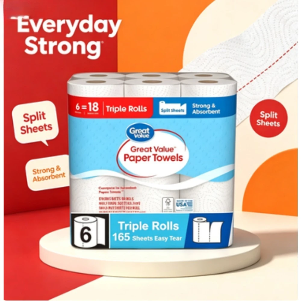 Great Value Everyday Strong Paper Towels, 6 Triple Rolls, Split Sheets, tear-resistant absorbent split-size paper towels ideal for routine kitchen spills, countertop wiping and general household daily cleaning tasks
Great Value Everyday Strong Paper Towels, 6 Triple Rolls, Split Sheets, tear-resistant absorbent split-size paper towels ideal for routine kitchen spills, countertop wiping and general household daily cleaning tasks