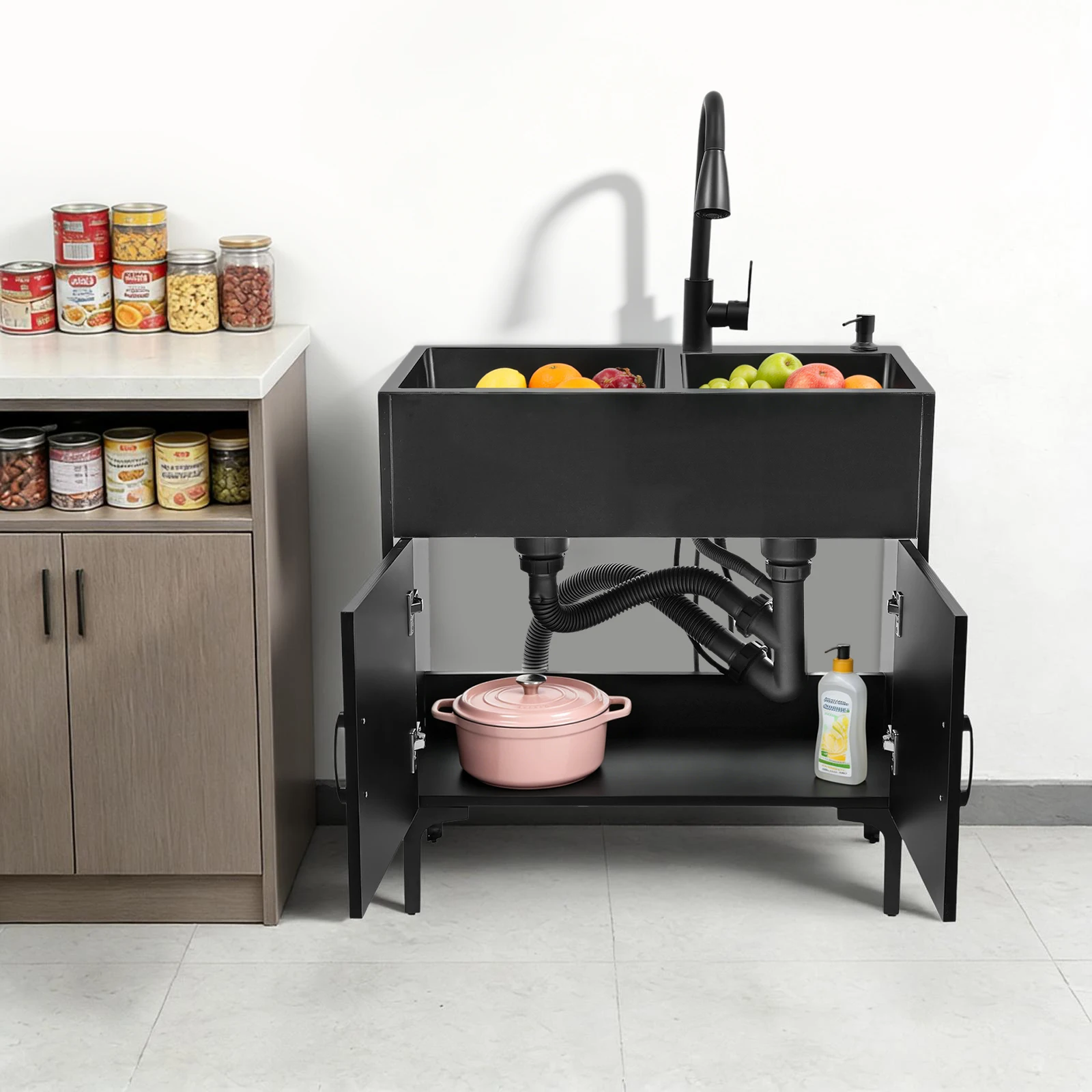 75x41cm Black Double Bowl Kitchen Sink Cabinet 201 Stainless Steel Freestanding Utility Sink with 30cm Pull Out Faucet Dual Water Mode Anti-odor Drainage System Silent Anti-condensation Design W/ Drain Basket Soap Dispenser for Kitchen Garage Laundry Room
75x41cm Black Double Bowl Kitchen Sink Cabinet 201 Stainless Steel Freestanding Utility Sink with 30cm Pull Out Faucet Dual Water Mode Anti-odor Drainage System Silent Anti-condensation Design W/ Drain Basket Soap Dispenser for Kitchen Garage Laundry Room
