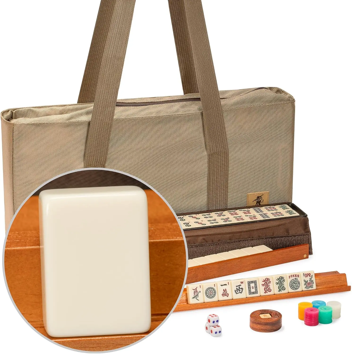 American Mahjong Set, Mojave Ivory with Brown Case, All-in-One Racks, Pushers, Coins, Dice & Wind Indicator
American Mahjong Set, Mojave Ivory with Brown Case, All-in-One Racks, Pushers, Coins, Dice & Wind Indicator