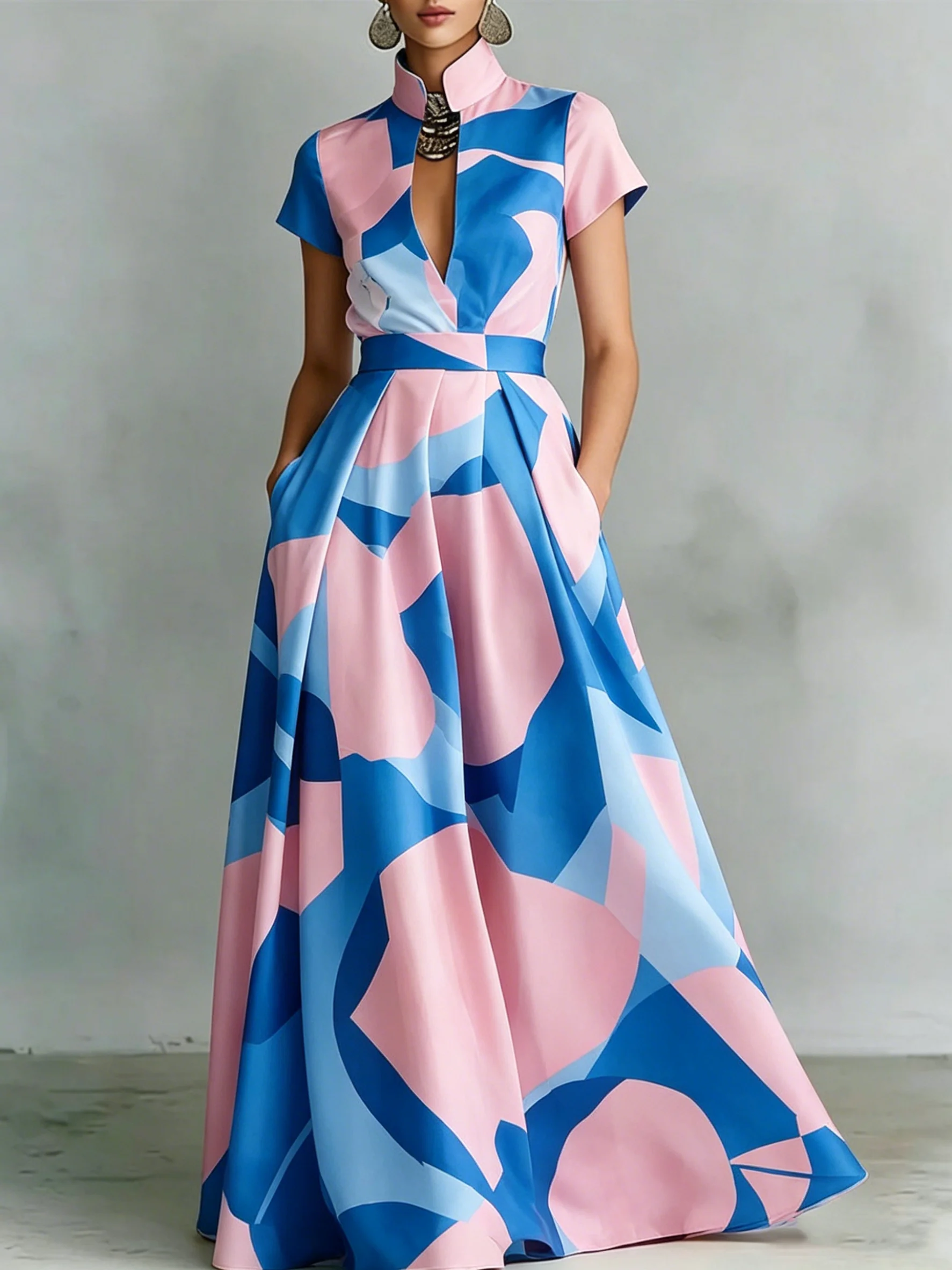 Women's Fashion Stand Collar Pink Blue Color Block Maxi Dress Short Sleeve With Pocket Elegant Banquet Formal Gown Summer Dress
Women's Fashion Stand Collar Pink Blue Color Block Maxi Dress Short Sleeve With Pocket Elegant Banquet Formal Gown Summer Dress