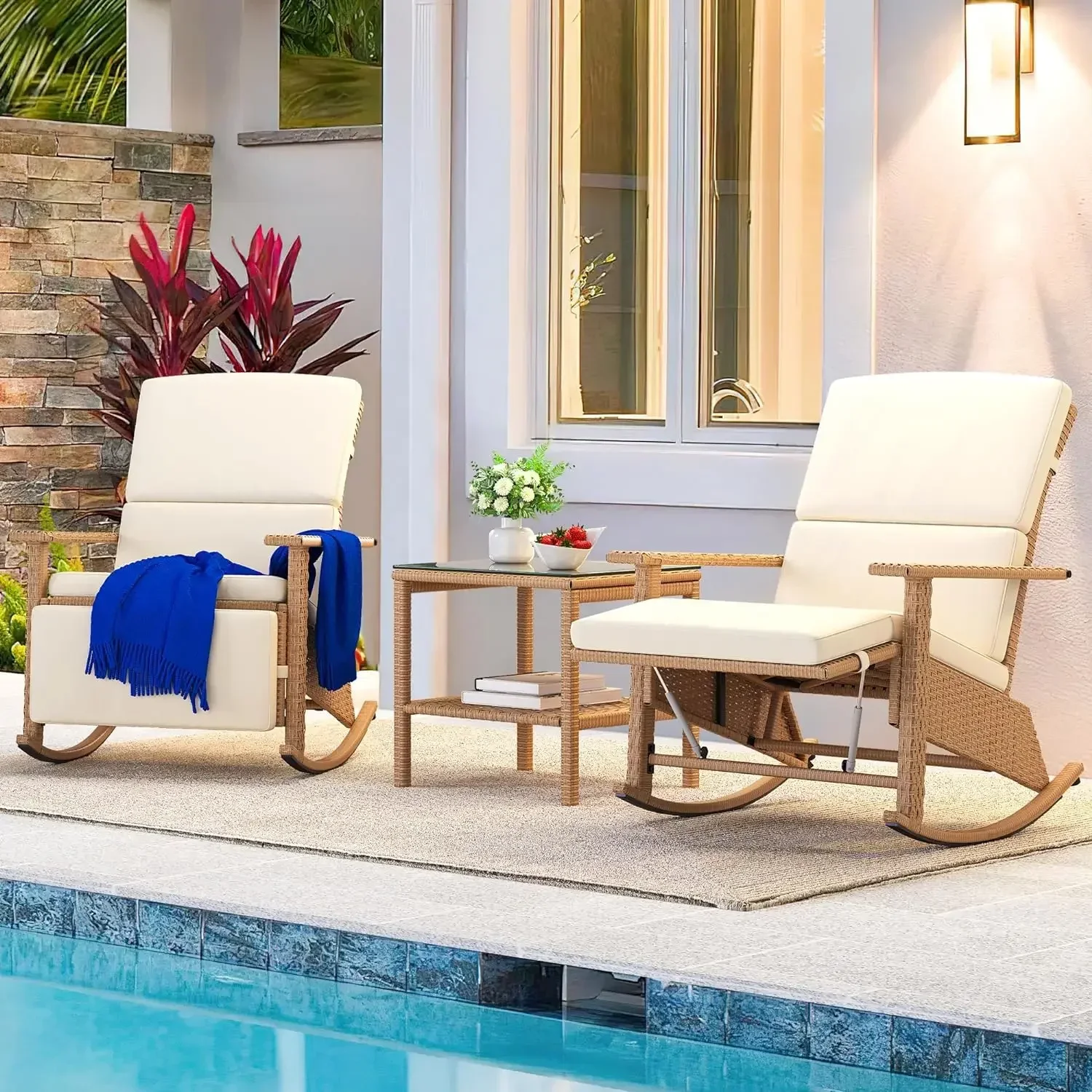 A mecedora jardín, muebles exterior con sillas mimbre y mesa centro de cristal
A mecedora jardín, muebles exterior con sillas mimbre y mesa centro de cristal